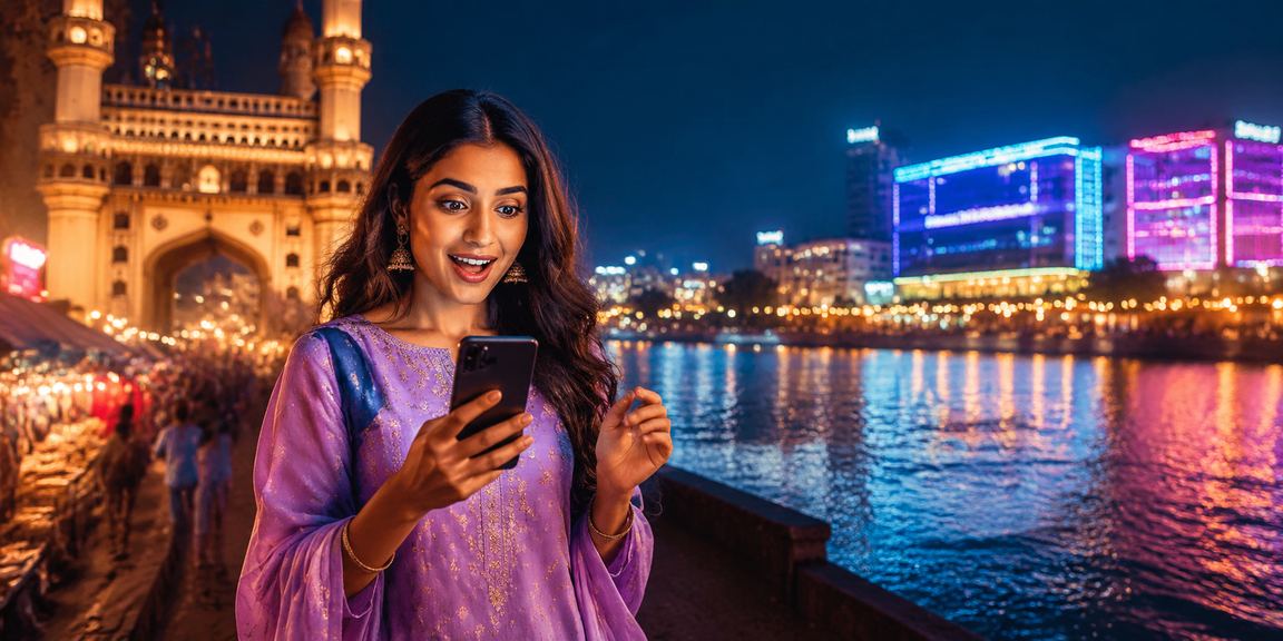 Player using smartphone at Hyderabad night market for online Andar Bahar game